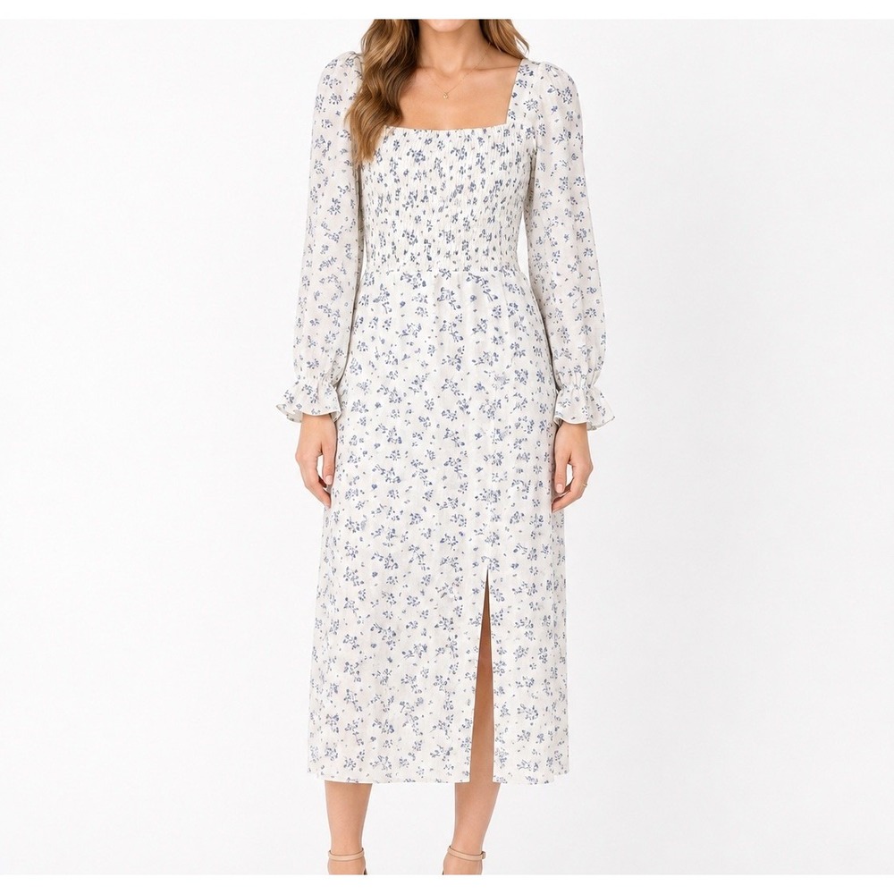 HOUSE OF HARLOW 1960 BlueWhite Floral Linen Midi Dress Med. Square Neck Peasant